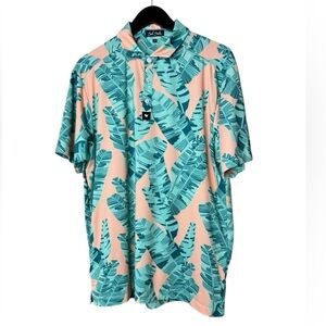 Bad Birdie Blue Steel golf polo shirt featuring a tropical leaf print